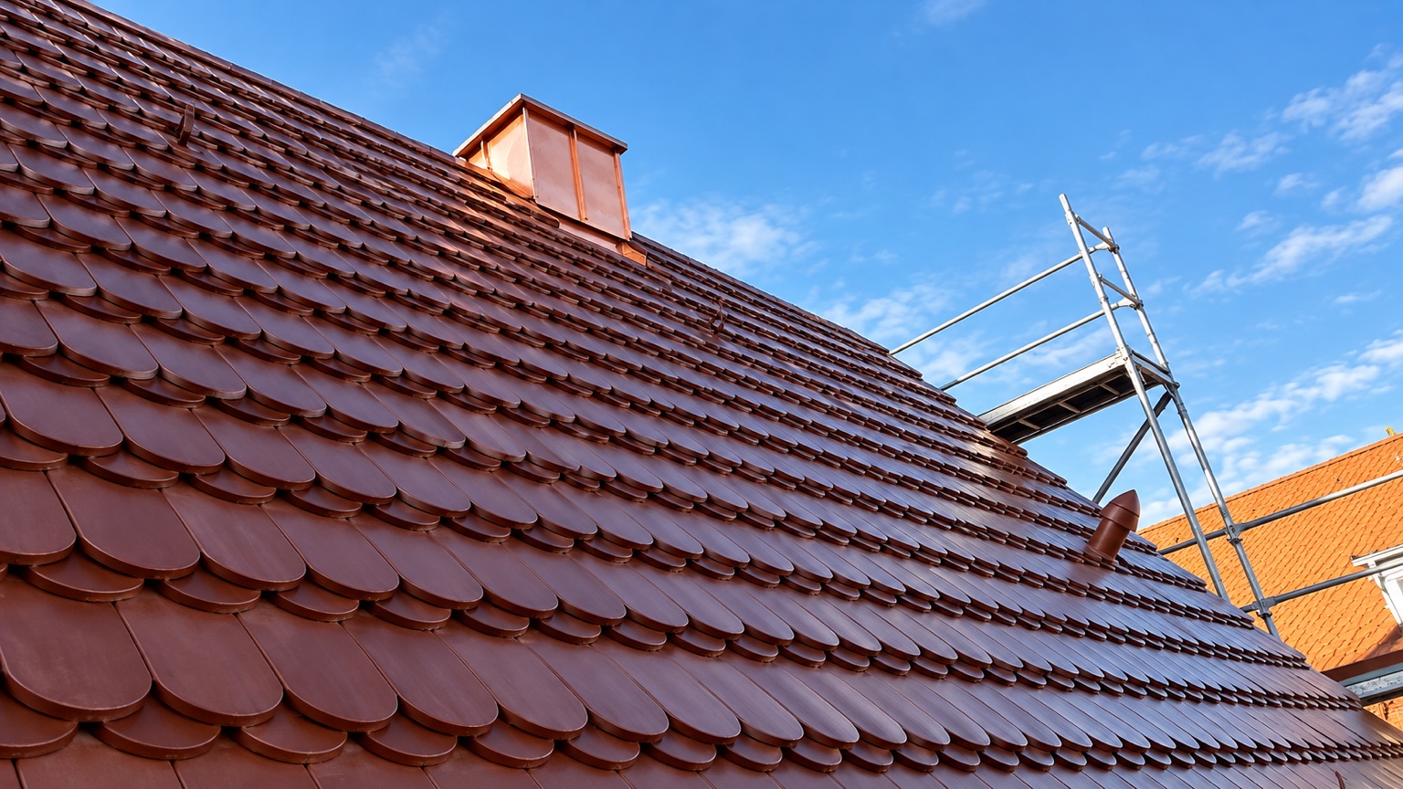 Rotbraunes Biberschwanzdach mit gleichmäßigem Deckbild und kupferbekleidetem Schornstein unter blauem Himmel